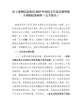 区工业和信息化局2025年度民主生活会领导班子对照检查材料(五个带头)