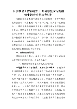 区委社会工作部党员干部巡察整改专题组织生活会对照检查材料