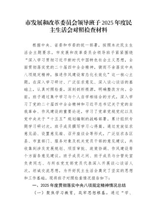 市发展和改革委员会领导班子2025年度民主生活会对照检查材料