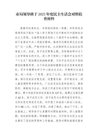 市局领导班子2025年度民主生活会对照检查材料