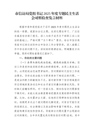 市信访局党组书记2025年度专题民主生活会对照检查发言材料