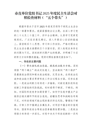 市直单位党组书记2025年度民主生活会对照检查材料（“五个带头”）