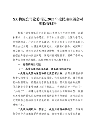 物流公司党委书记2025年度民主生活会对照检查材料
