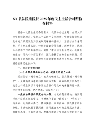 县法院副院长2025年度民主生活会对照检查材料