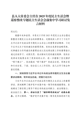 县人大常委会主任在2025年度民主生活会暨巡察整改专题民主生活会会前集中学习研讨发言材料