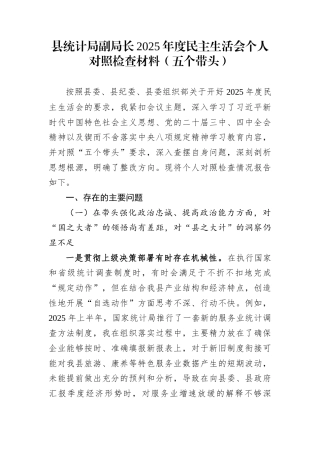 县统计局副局长2025年度民主生活会个人对照检查材料（五个带头）