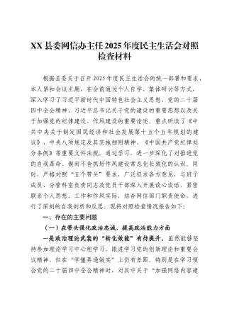 县委网信办主任2025年度民主生活会对照检查材料