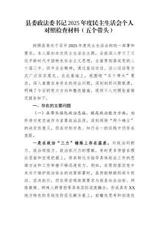 县委政法委书记2025年度民主生活会个人对照检查材料（五个带头）