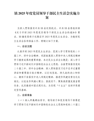 镇2025年度党员领导干部民主生活会实施方案