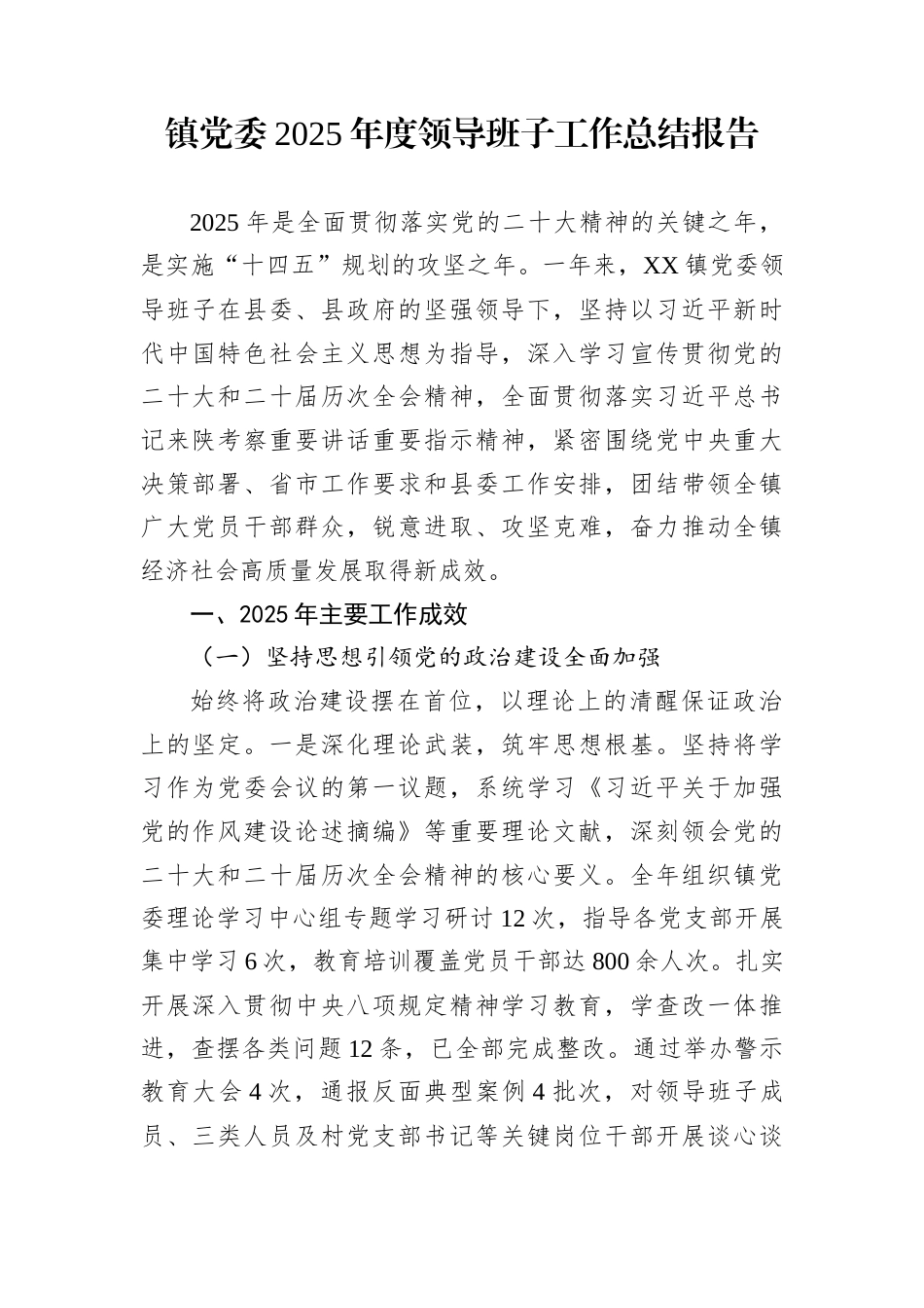镇党委2025年度领导班子工作总结报告_第1页