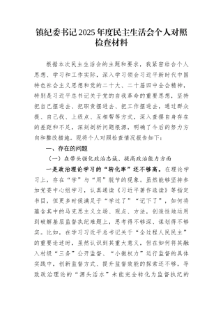 镇纪委书记2025年度民主生活会个人对照检查材料