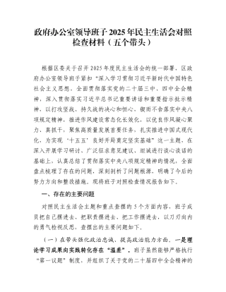 政府办公室领导班子2025年民主生活会对照检查材料(五个带头)