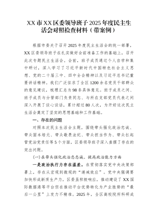 XX市XX区委领导班子2025年度民主生活会对照检查材料（带案例）