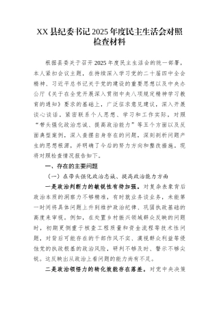 XX县纪委书记2025年度民主生活会对照检查材料