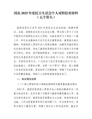 国企2025年度民主生活会个人对照检查材料(五个带头)