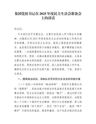 集团党组书记在2025年度民主生活会准备会上的讲话