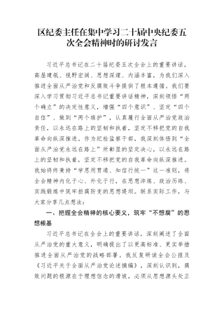 区纪委主任在集中学习二十届中央纪委五次全会精神时的研讨发言