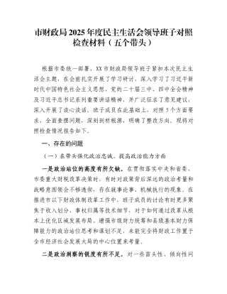 市财政局2025年度民主生活会领导班子对照检查材料(五个带头)