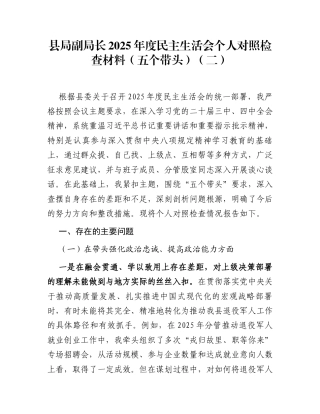 县局副局长2025年度民主生活会个人对照检查材料(五个带头)（二）