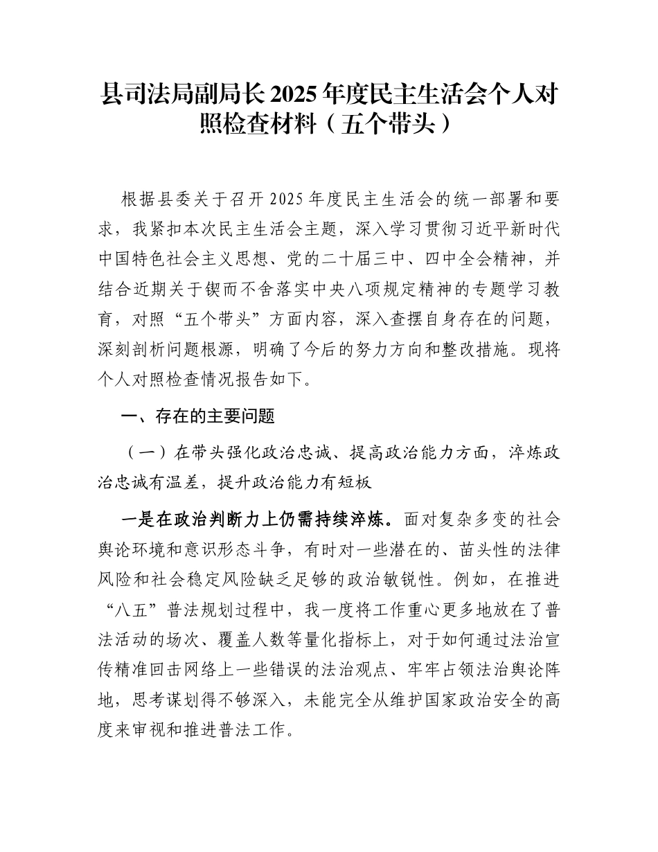 县司法局副局长2025年度民主生活会个人对照检查材料(五个带头)_第1页