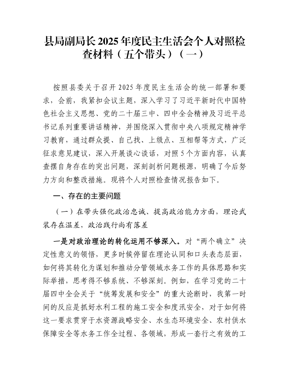 县局副局长2025年度民主生活会个人对照检查材料(五个带头)（一）_第1页