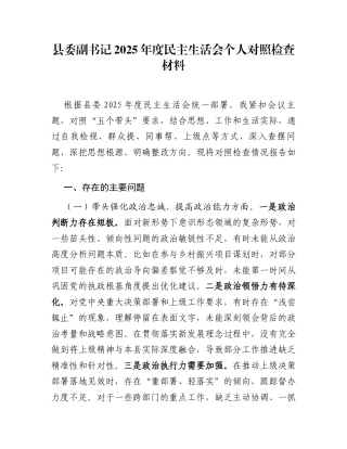 县委副书记2025年度民主生活会个人对照检查材料