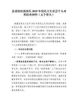 县委组织部部长2025年度民主生活会个人对照检查材料(五个带头)