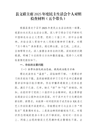 县文联主席2025年度民主生活会个人对照检查材料（五个带头）