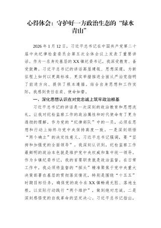 心得体会：守护好一方政治生态的“绿水青山”