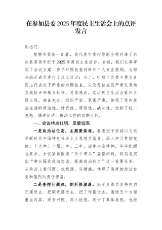 在参加县委2025年度民主生活会上的点评发言