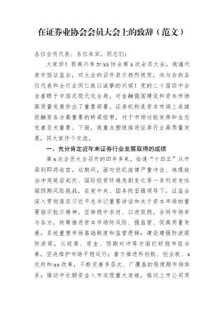 在证券业协会会员大会上的致辞