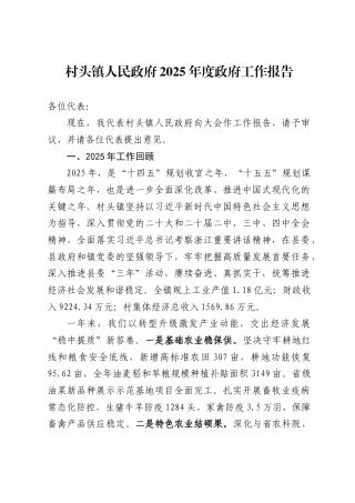 村头镇人民政府2025年度政府工作报告