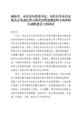 副市长、市公安局党委书记、局长在全市公安机关正风肃纪警示教育会暨违规吃喝专项查纠行动推进会上的讲话