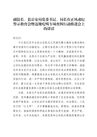 副县长、县公安局党委书记、局长在正风肃纪警示教育会暨违规吃喝专项查纠行动推进会上的讲话