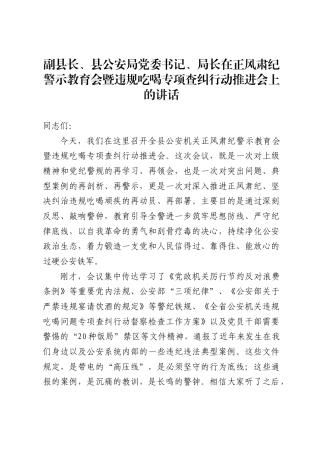 副县长、县公安局党委书记、局长在正风肃纪警示教育会暨违规吃喝专项查纠行动推进会上的讲话1