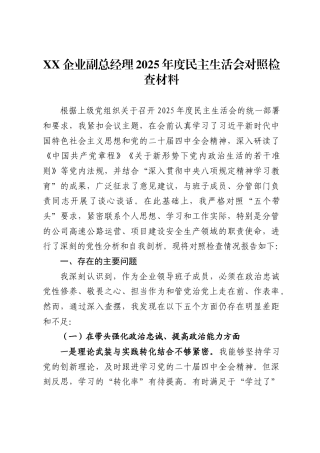 企业副总经理2025年度民主生活会对照检查材料