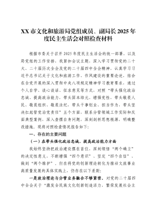 市文化和旅游局党组成员、副局长2025年度民主生活会对照检查材料