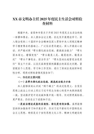 市文明办主任2025年度民主生活会对照检查材料.