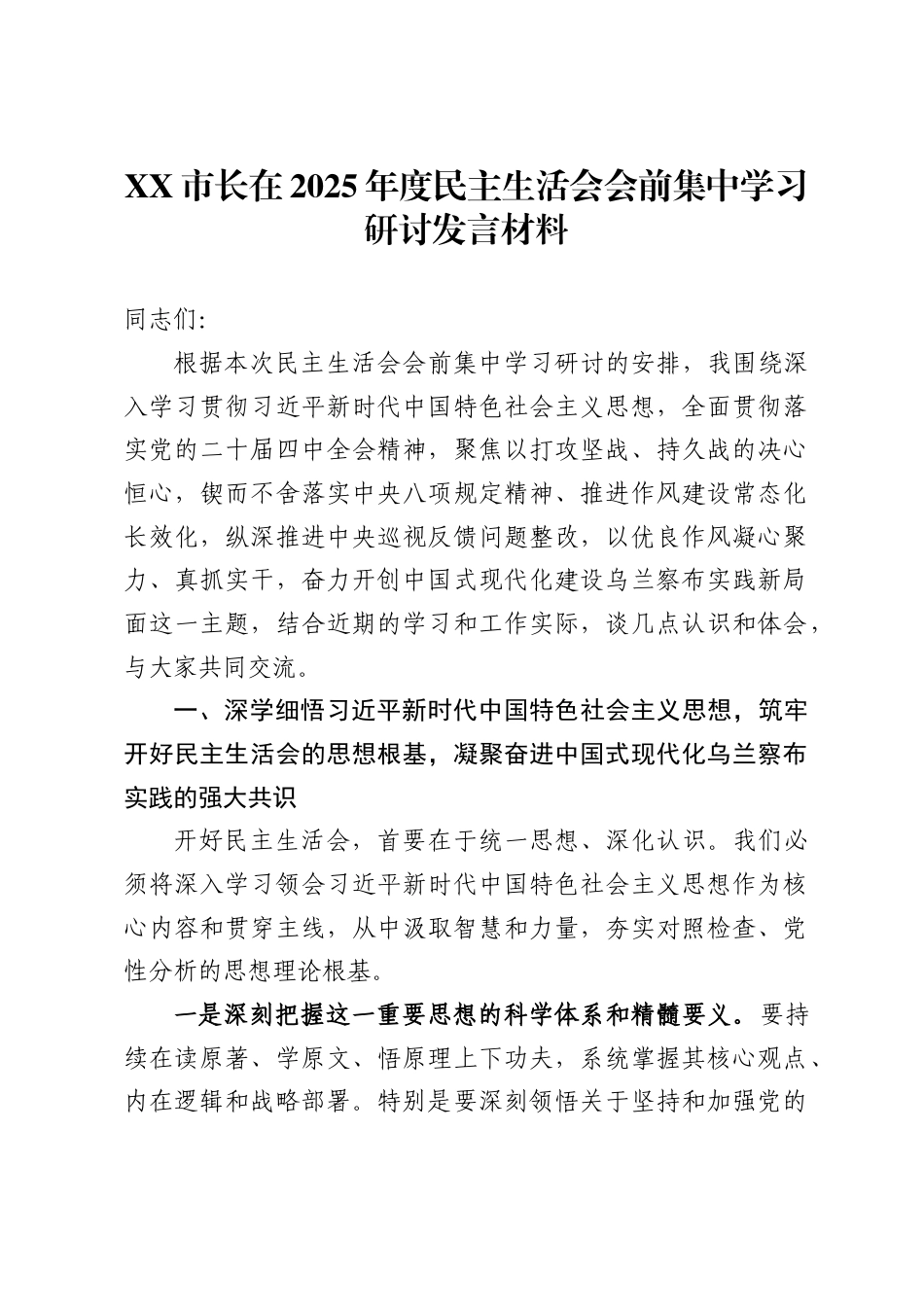 市长在2025年度民主生活会会前集中学习研讨发言材料._第1页