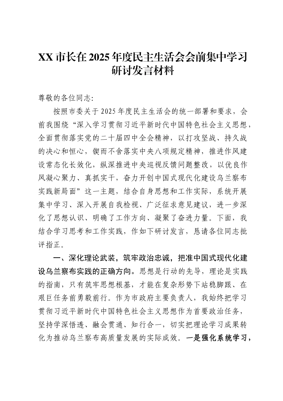 市长在2025年度民主生活会会前集中学习研讨发言材料_第1页