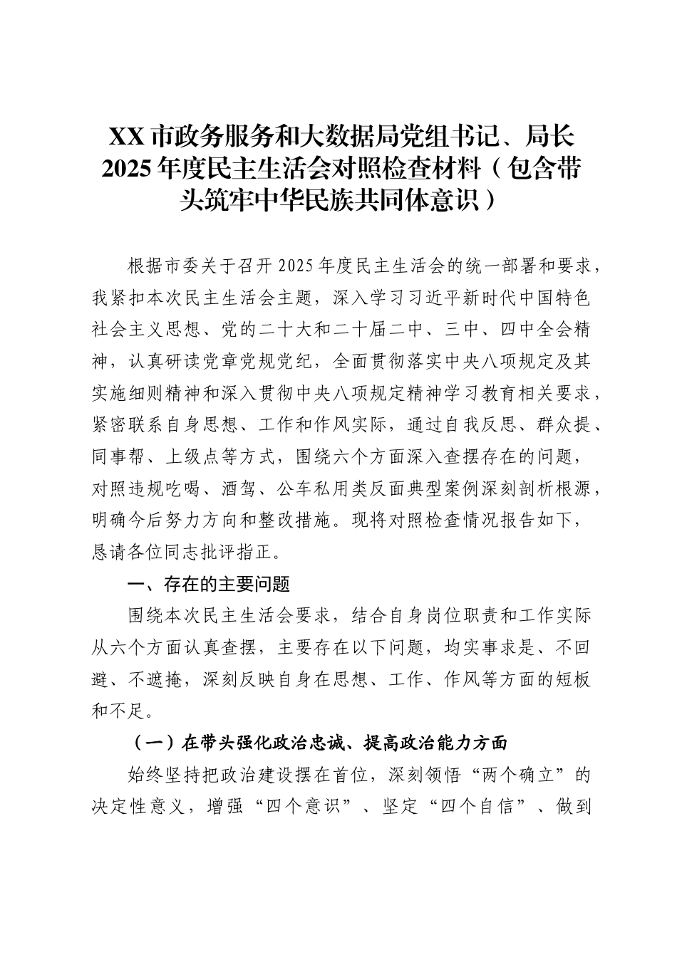 市政务服务和大数据局党组书记、局长2025年度民主生活会对照检查材料（包含带头筑牢中华民族共同体意识）_第1页