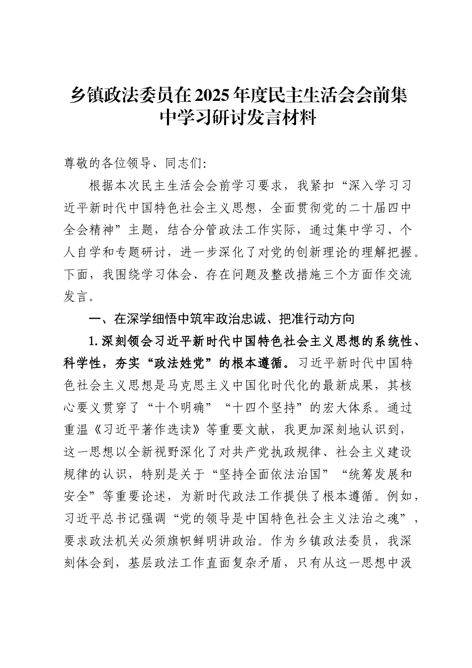 乡镇政法委员在2025年度民主生活会会前集中学习研讨发言材料 ._第1页