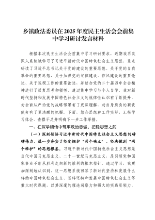 乡镇政法委员在2025年度民主生活会会前集中学习研讨发言材料.