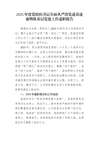 2025年度党组织书记全面从严治党述责述廉暨抓基层党建工作述职报告