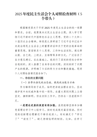 2025年度民主生活会个人对照检查材料（5个带头）