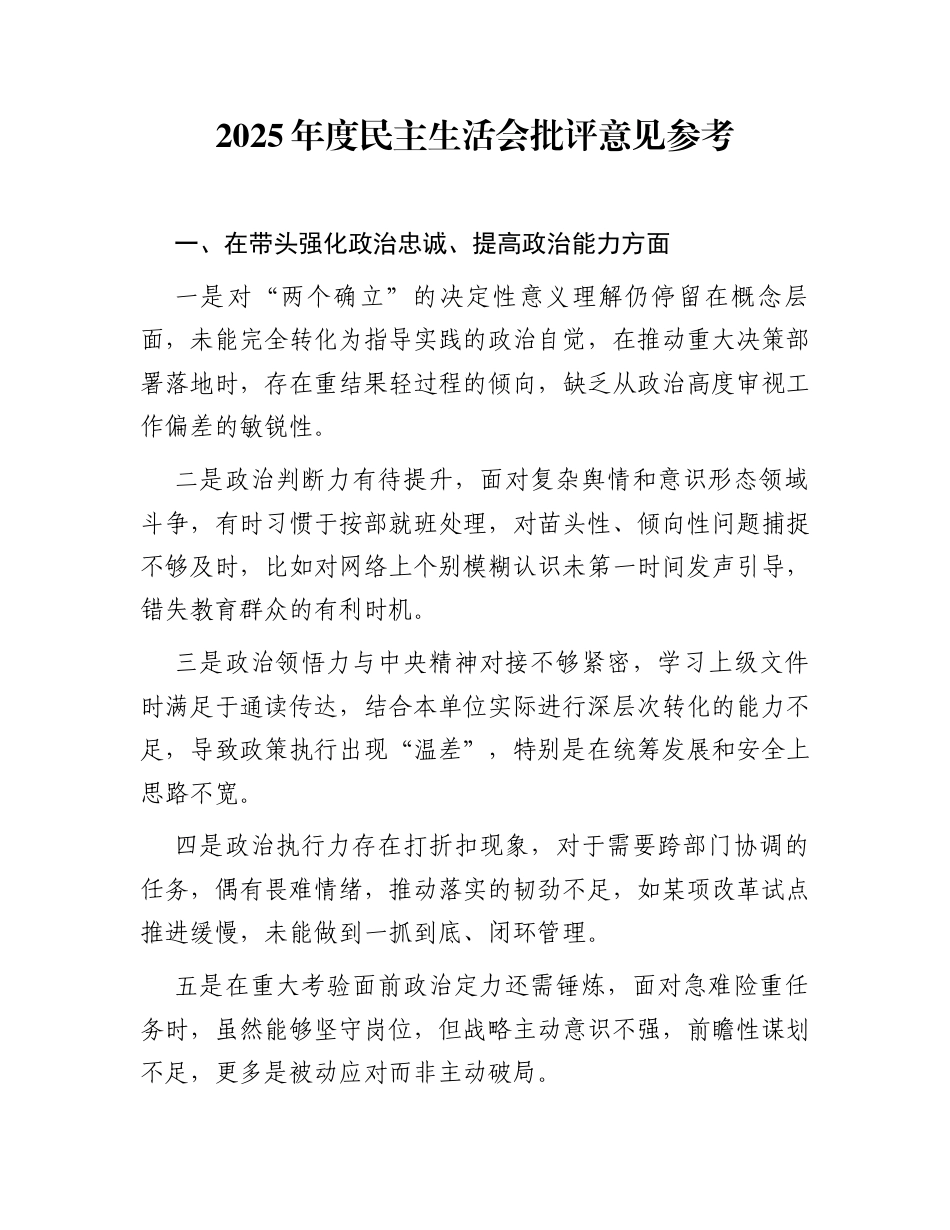 2025年度民主生活会批评意见参考_第1页