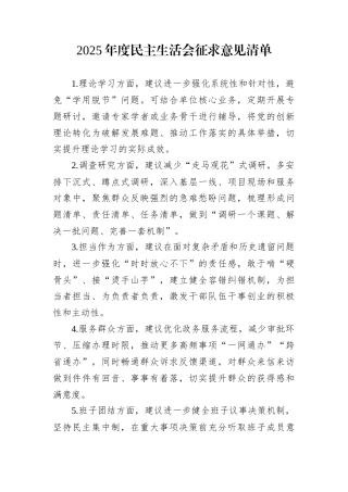 2025年度民主生活会征求意见清单