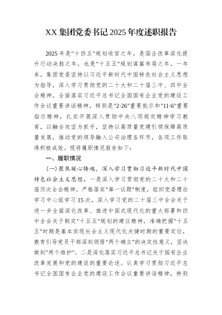 XX集团党委书记2025年度述职报告