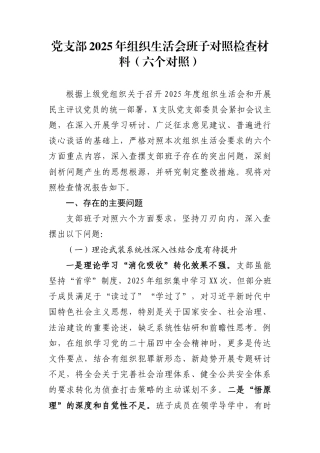 党支部2025年组织生活会班子对照检查材料（六个对照）