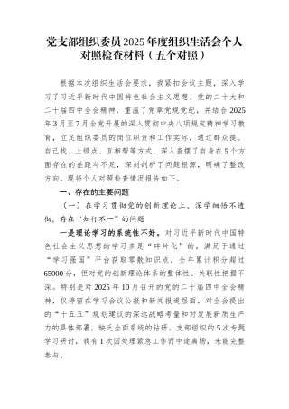 党支部组织委员2025年度组织生活会个人对照检查材料（五个对照）